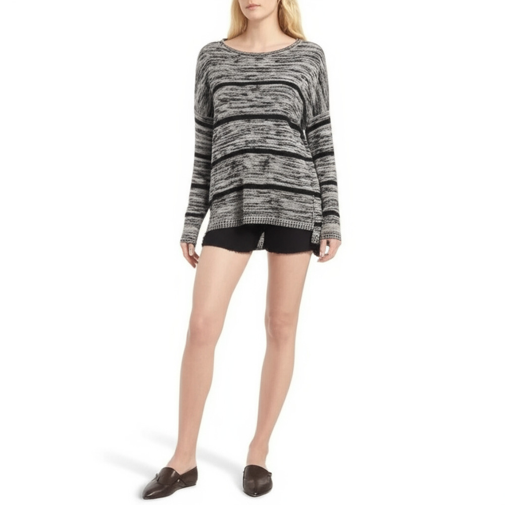 EILEEN FISHER Knit lightweight sweater MEDIUM Black Grey Striped Organic Linen